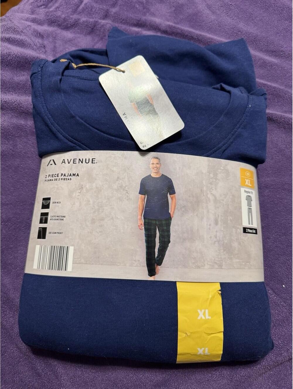 Avenue Men's 2 Piece Pajama Set XL Navy Plaid Cotton Top Polyester Bottom